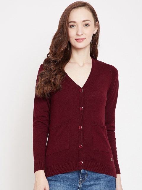 

NEVA Women Maroon Woollen Solid Cardigan Sweater