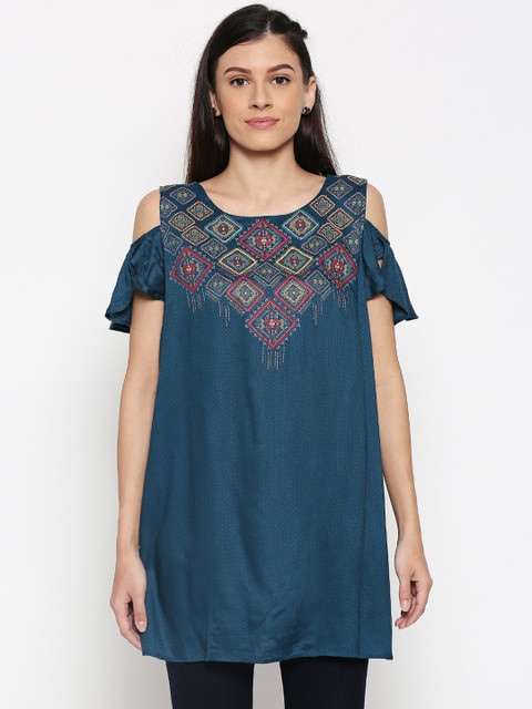 

People Women Teal Blue & Red Self Design Tunic