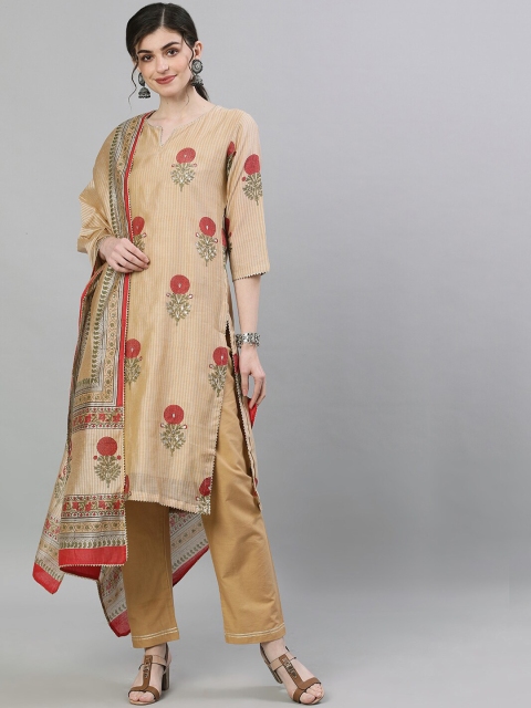 

Ishin Women Beige & Beige Embroidered Kurti with Trousers & Dupatta