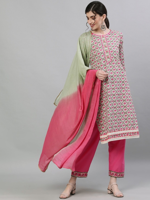 

Ishin Women Green & Pink Printed Kurta with Trousers & Dupatta