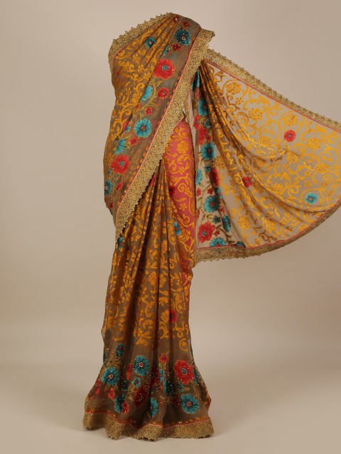 

Pothys Mustard Floral Printed Embellished Saree