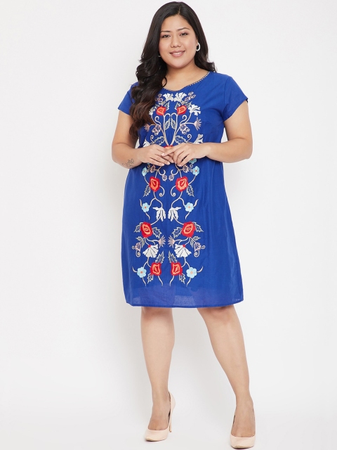 

Crease & Clips Women Plus Size Blue Embroidered A-Line Dress