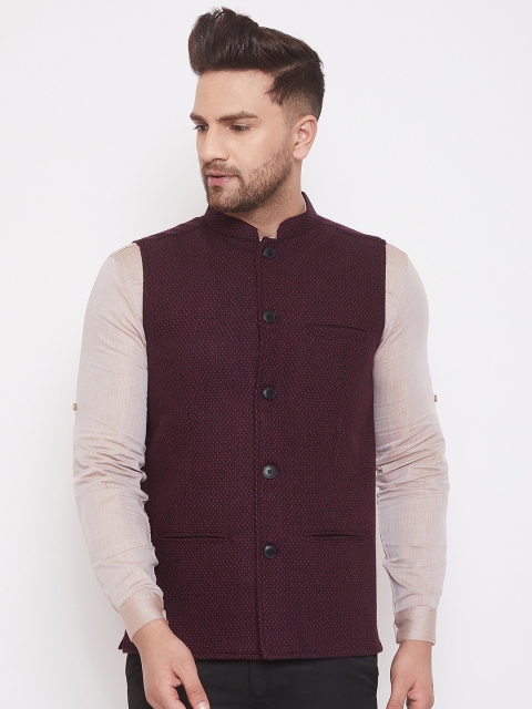 

even Men Maroon Woven-Design Nehru Jacket