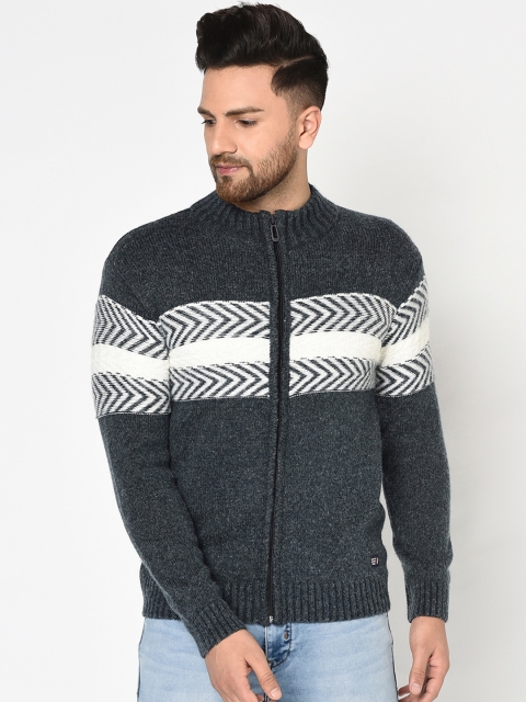 

METTLE Men Grey & White Self Design Cardigan Sweater