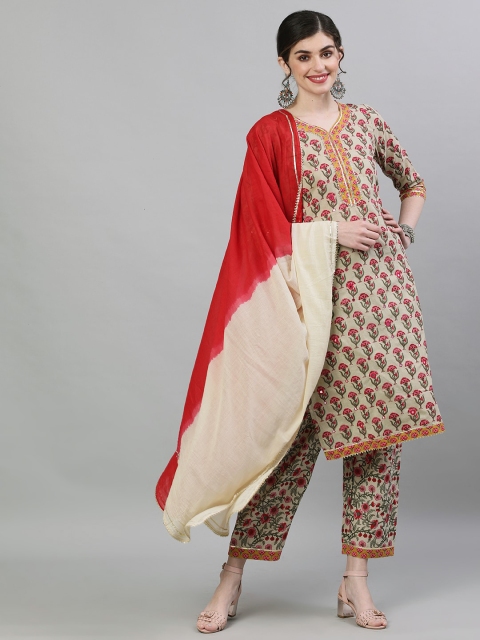 

Ishin Women Beige & Pink Printed Kurta with Trousers & Dupatta