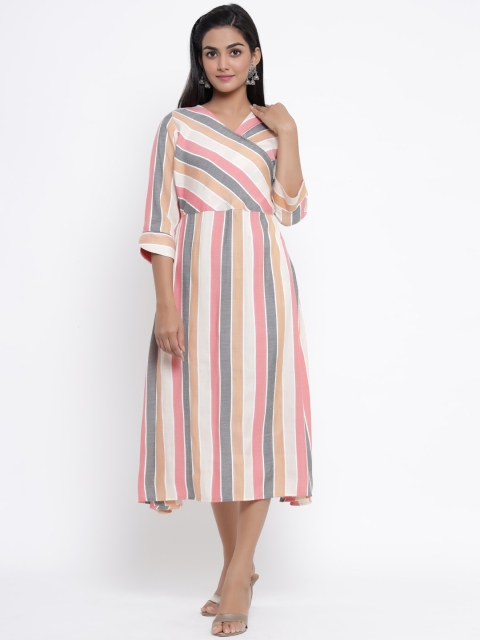

WomenMagic Women Cream-Coloured Striped A-Line Kurta
