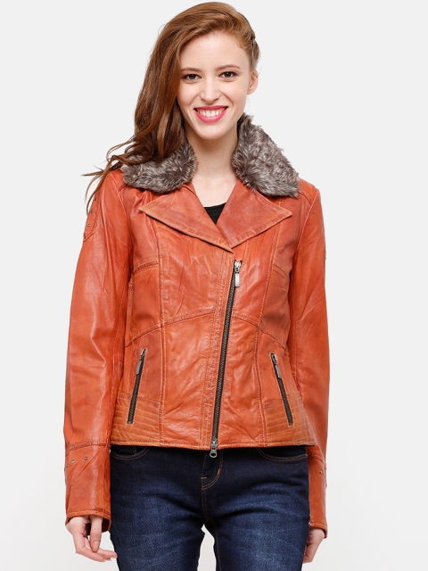 

STROP Women Orange Solid Asymmetric Closure Biker Jacket