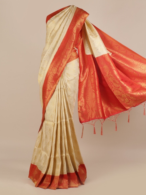

Pothys Cream-Coloured & Red Jute Silk Woven Design Saree