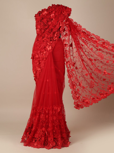 

Pothys Red Embroidered Net Saree with Patchwork Ornamentation