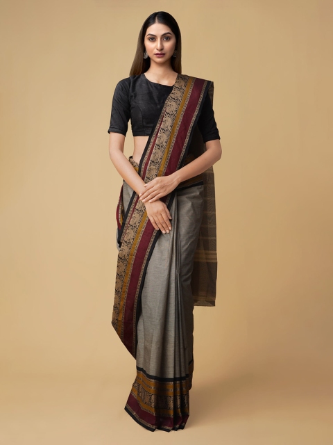 

Unnati Silks Grey Striped Chettinad Saree