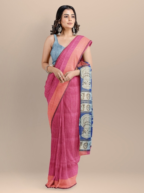 

BharatSthali Pink & Blue Pure Silk Solid Bhagalpuri Sustainable Saree