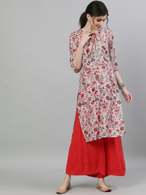 

Ishin Women Pink & Red Printed Straight Kurta