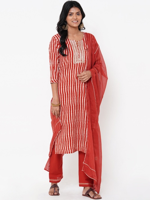

FASHOR Women Red & Off-White Striped Kurta with Trousers & Dupatta