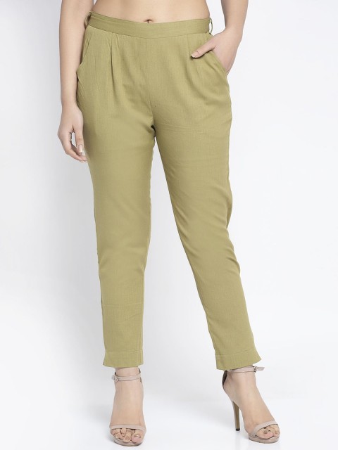 

Aujjessa Women Olive Green Regular Fit Solid Peg Trousers