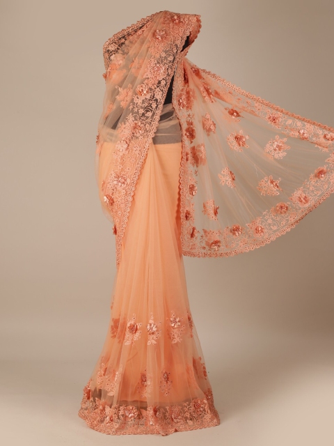 

Pothys Peach-Coloured Embroidered Net Saree with Patchwork Ornamentation