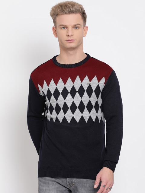

COBB Men Navy Blue & Grey Printed Pullover Sweater