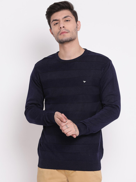 

COBB Men Navy Blue Striped Pullover Sweater