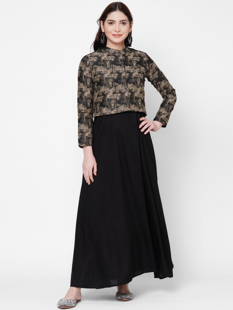 

FASHOR Women Black Solid Maxi Dress with Patterned Shirt