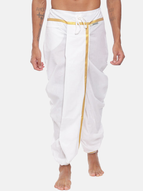 

UATHAYAM Men White & Gold-coloured Solid Ready Made Panchakacham Dhoti Pants