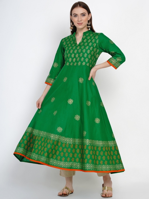 

Akshatani Women Green Handblock Printed Anarkali Kurta