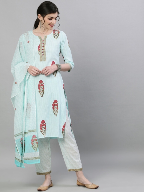 

Ishin Women Blue & Pink Printed Kurta with Trousers & Dupatta