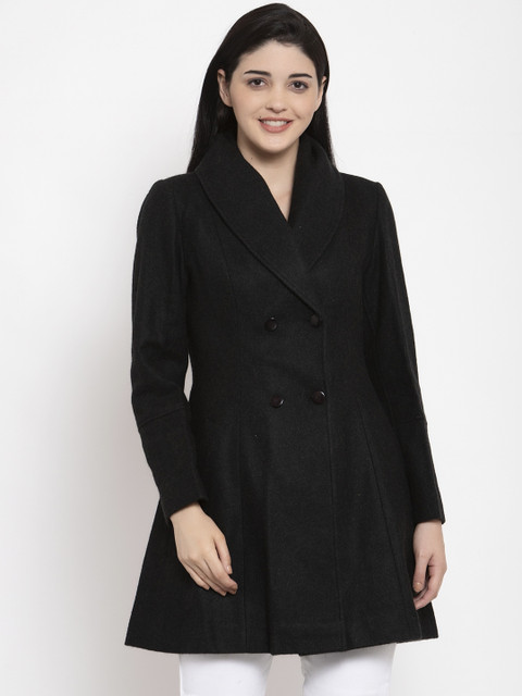 

Owncraft Women Black Solid Double-Breasted Overcoat