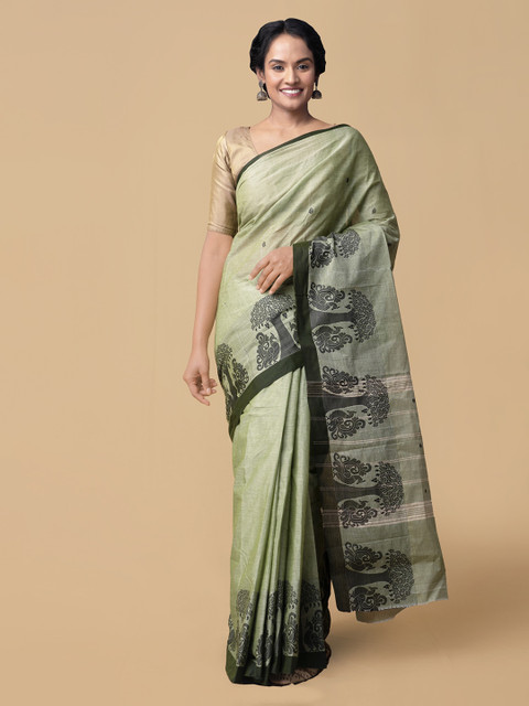 

Unnati Silks Green Pure Cotton Checked Kanjeevaram Saree
