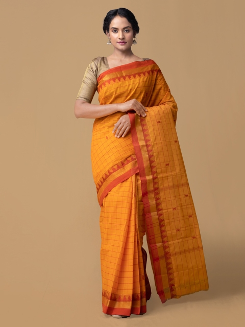 Unnati Silks Yellow Pure Cotton Checked Chettinad Saree