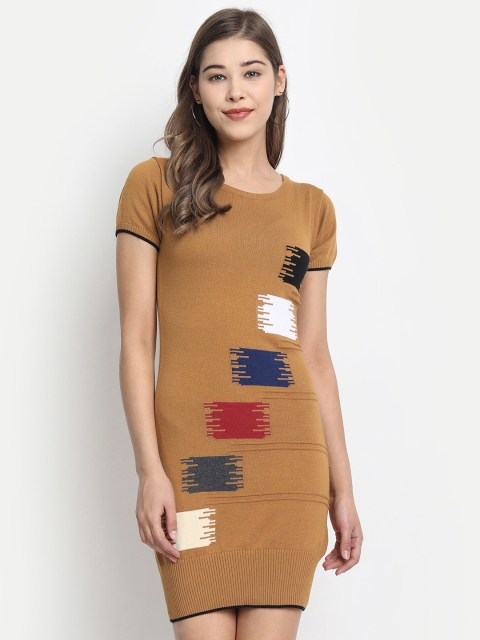 

Clothzy Women Mustard Brown Printed T-shirt Dress