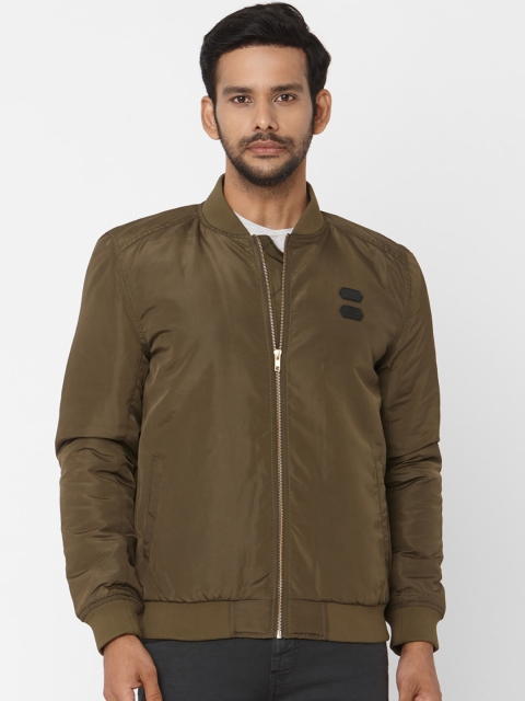 

Mufti Men Olive Brown Solid Bomber Jacket