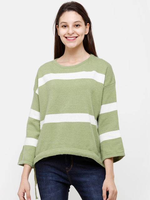 

STROP Women Green & White Striped Pullover Sweater