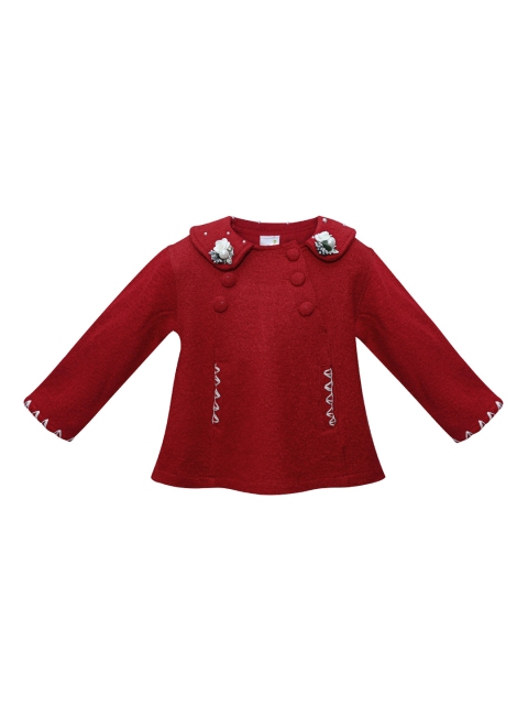 

Daffodils GIRLS WEAR Girls Red Self Design Double Breasted Pea Coat