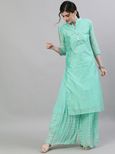 

Ishin Women Green & Gold-Toned Printed Kurta with Sharara