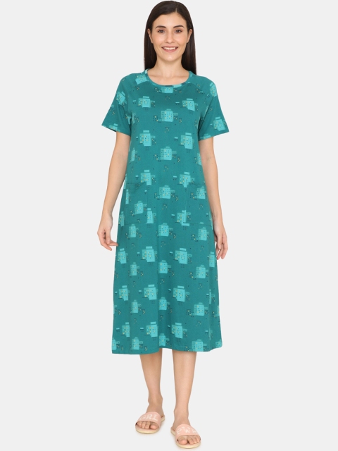 

Zivame Women Green & Blue Printed Midi Nightdress