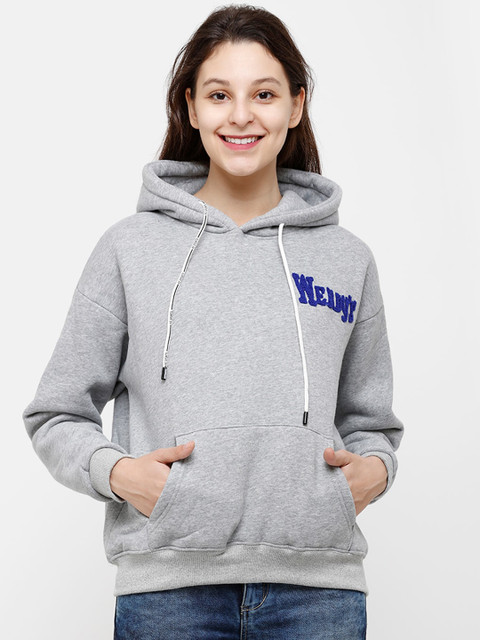 

STROP Women Grey Melange & Blue Printed Hooded Sweatshirt