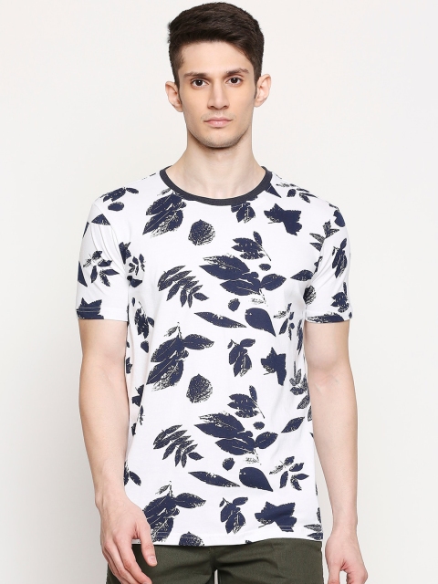 

FiTZ Men White & Navy Blue Printed Round Neck T-shirt