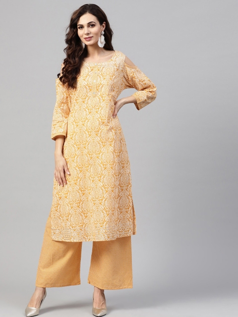 

ZOEYAMS Women Mustard Yellow Printed Straight Kurta