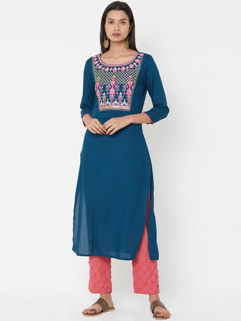 

FASHOR Women Blue & Pink Embroidered Straight Kurta