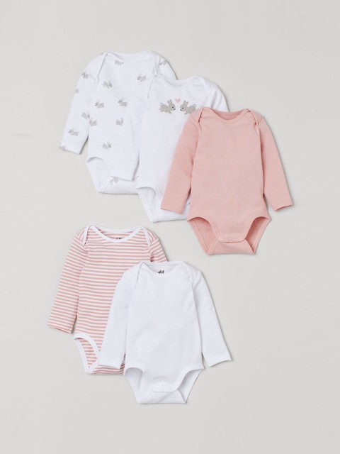 

H&M Kids 5-Pack Long-Sleeved Pure Cotton Bodysuits, White