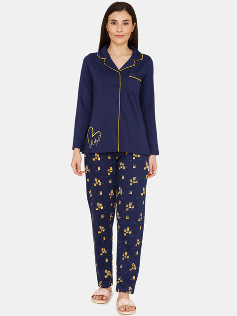 

Zivame Women Blue & Yellow Printed Night Suit