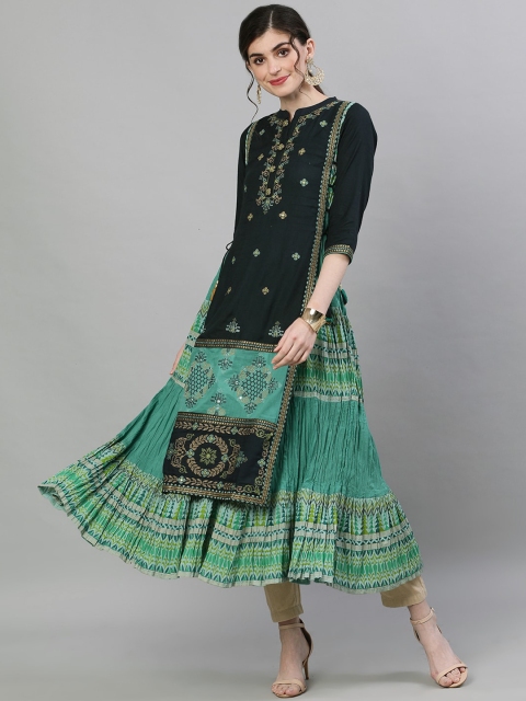 

Ishin Women Green & Navy Blue Embroidered Anarkali Kurta