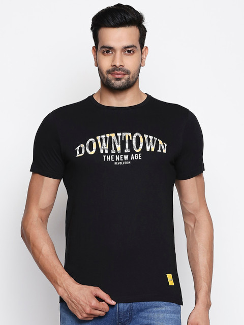 

People Men Black Printed Round Neck Cotton Pure Cotton T-shirt