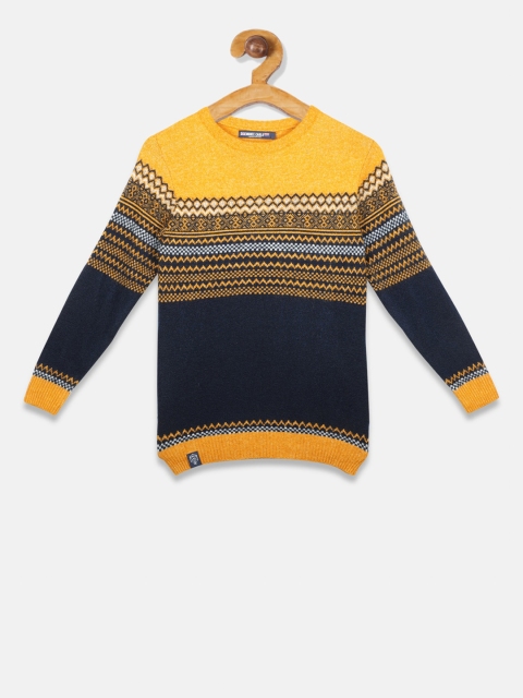Monte Carlo Boys Mustard Yellow & Navy Blue Self Design Pullover Sweater
