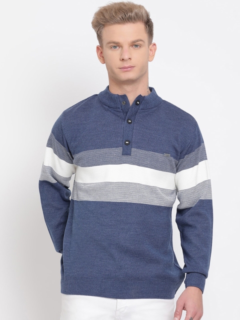 

COBB Men Navy Blue & White Striped Pullover Sweater