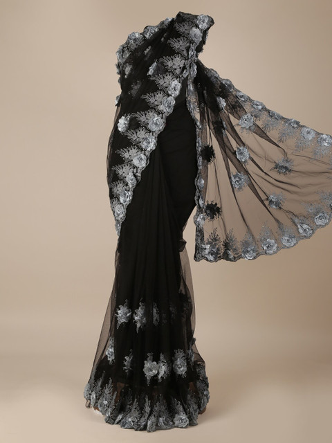 

Pothys Black Embroidered Net Saree with Patchwork Ornamentation
