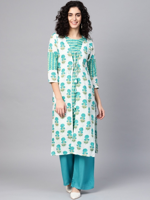 

ZOEYAMS Women White & Turquoise Blue Floral Printed Layered Straight Kurta