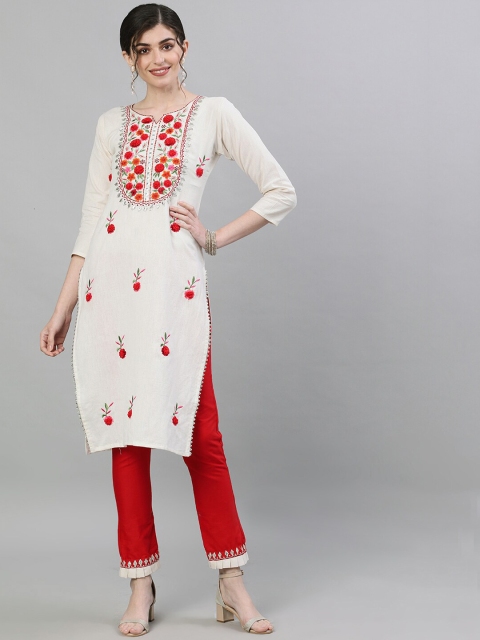 

Ishin Women Off-White & Red Embroidered Kurta with Trousers