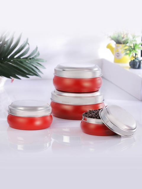 

Jensons Set Of 4 Red & Silver-Toned Stainless Steel Belly Storage Jar