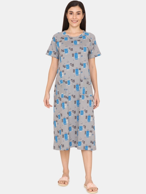 

Zivame Women Grey & Blue Printed Nightdress