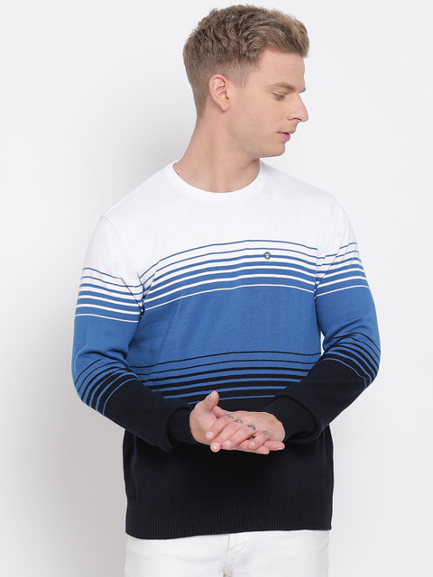 

COBB Men White & Blue Striped Pullover Sweater